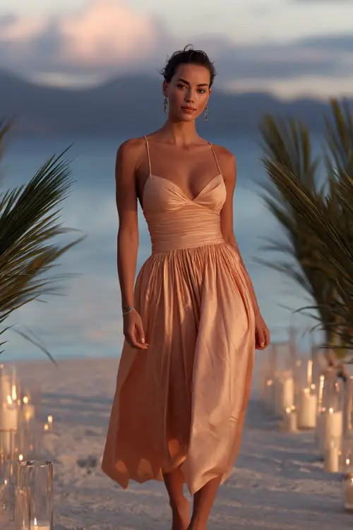 A classy woman in a pale coral formal dress with thin straps and a pleated skirt, walking beside floating candles and palm decor at a sunset beachfront reception