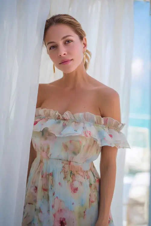 A classy woman in a pastel floral off-the-shoulder midi dress with ruffle trim and dainty earrings, standing beneath sheer white curtains at a chic summer beach wedding 