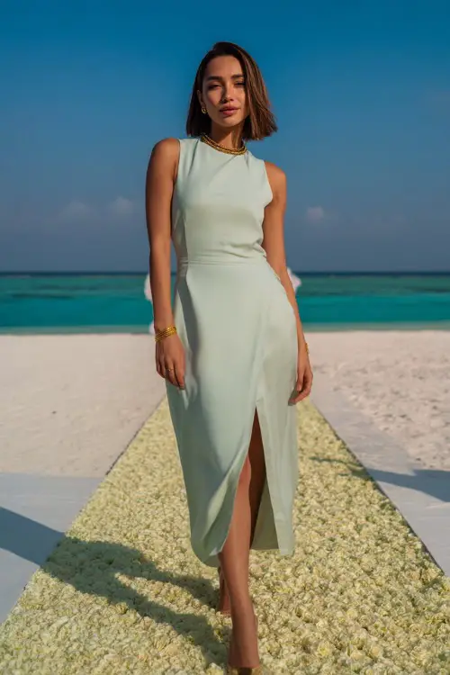 A classy woman in a sleeveless light mint green midi dress with gold jewelry, standing near a floral aisle runner on soft white sand 
