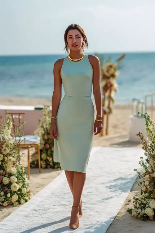 A classy woman in a sleeveless light mint green midi dress with gold jewelry, standing near a floral aisle runner on soft white sand 