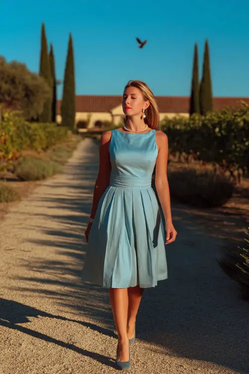 A classy woman in a soft blue sleeveless A-line dress with a pleated skirt and pearl earrings, walking along a gravel path at a vineyard summer wedding 