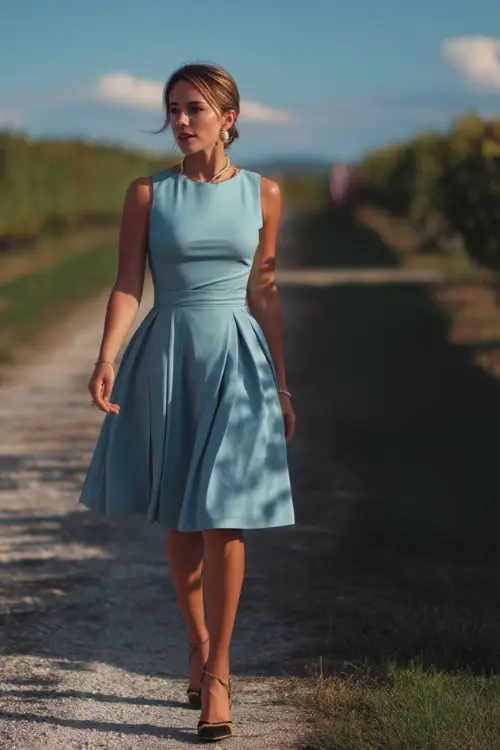 A classy woman in a soft blue sleeveless A-line dress with a pleated skirt and pearl earrings, walking along a gravel path at a vineyard summer wedding 