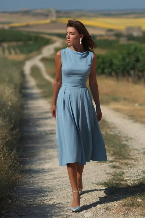 A classy woman in a soft blue sleeveless A-line dress with a pleated skirt and pearl earrings, walking along a gravel path at a vineyard summer wedding