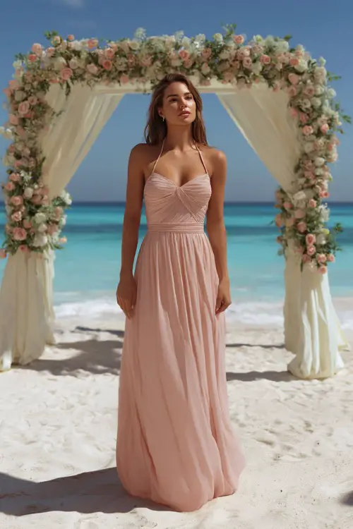 A classy woman in a soft blush pink chiffon gown with a pleated skirt and thin straps, standing on white sand under a floral wedding arch near the ocean 