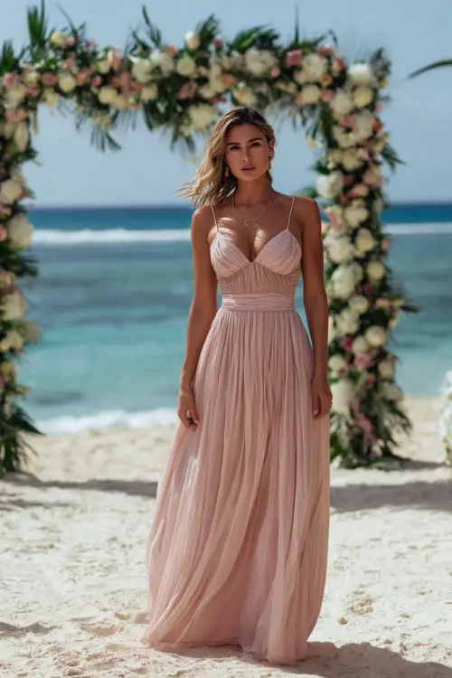 A classy woman in a soft blush pink chiffon gown with a pleated skirt and thin straps, standing on white sand under a floral wedding arch near the ocean 
