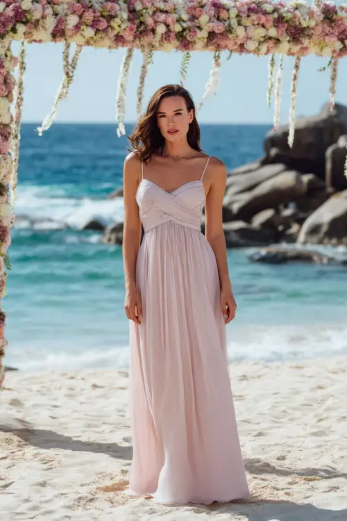 A classy woman in a soft blush pink chiffon gown with a pleated skirt and thin straps, standing on white sand under a floral wedding arch near the ocean