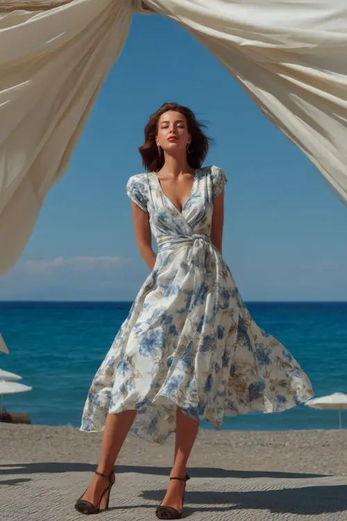 A classy woman in a white and blue floral midi dress with cap sleeves and wedge sandals, posing under a canopy of linen fabric blowing in the seaside breeze