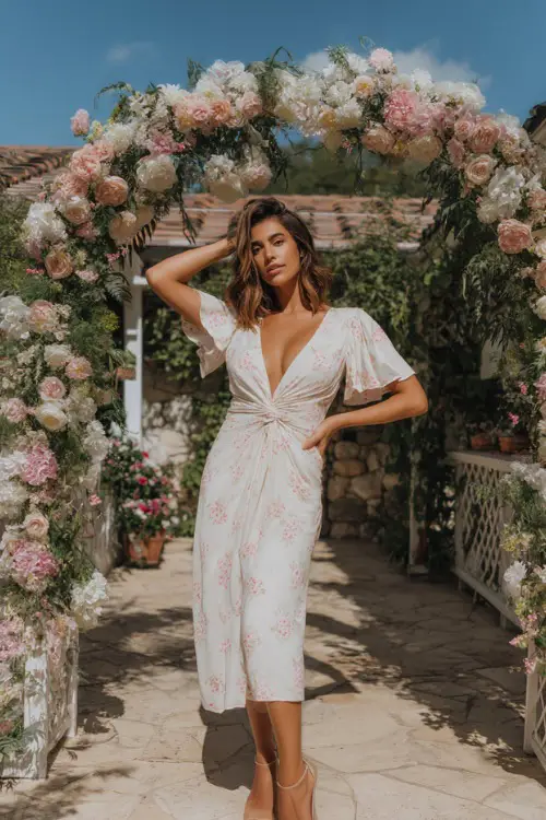 A classy woman in a white midi dress with soft pink floral prints and flutter sleeves, standing beneath a floral arch at a summer garden wedding 