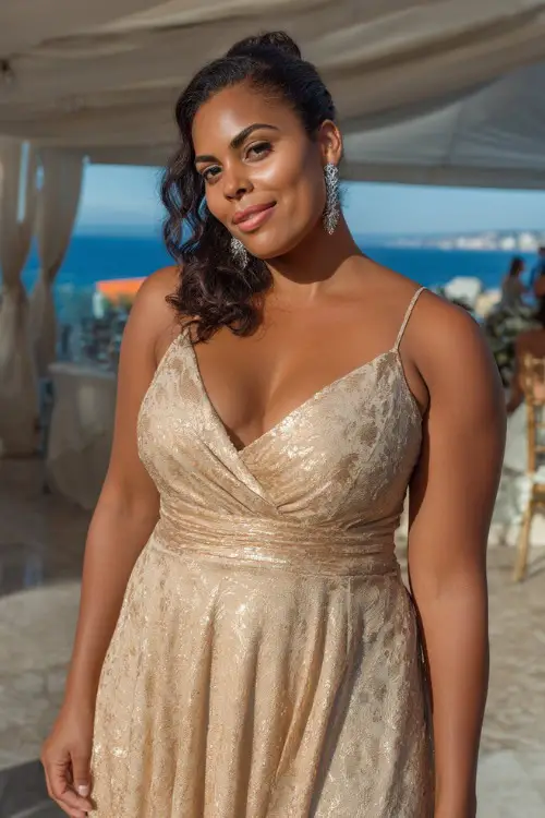 A confident plus-size woman in a champagne gold A-line gown with sequin detailing and silver earrings, standing near a white tented reception area overlooking the sea 
