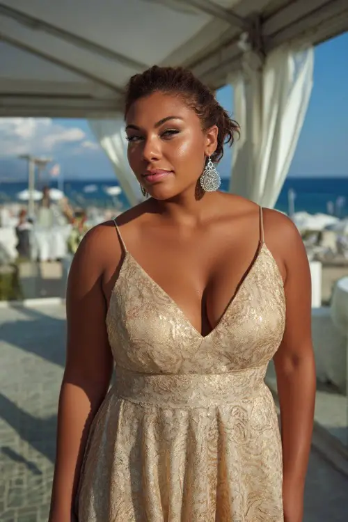 A confident plus-size woman in a champagne gold A-line gown with sequin detailing and silver earrings, standing near a white tented reception area overlooking the sea