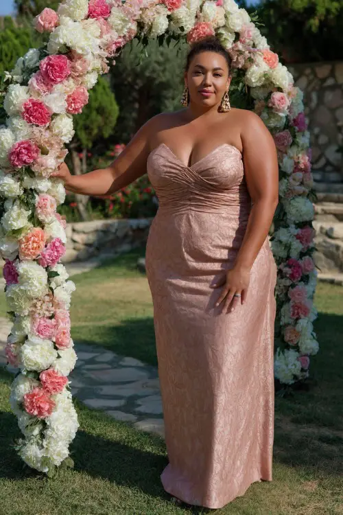 A confident plus-size woman in a rose gold gown with a sweetheart neckline and statement earrings, standing beside a grand floral archway at a formal summer wedding