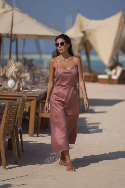 A confident woman in a dusty rose midi dress with thin straps and sandals, walking near a beach reception setup with wooden tables and seashell centerpieces