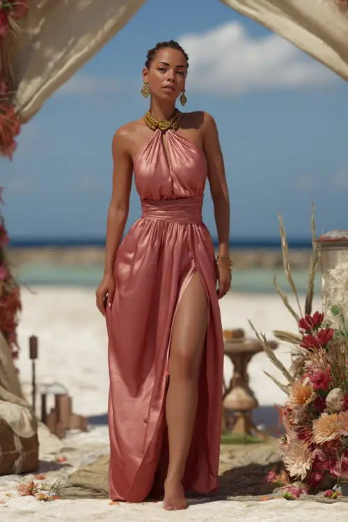 A confident woman in a dusty rose satin halter-neck gown with a side slit and gold earrings, standing near a flower-adorned altar set on the sand 