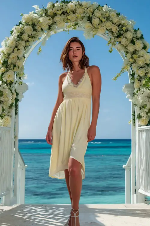 A confident woman in a light yellow sleeveless dress with lace detail and ankle-strap sandals, standing under a white floral arch beside the ocean 