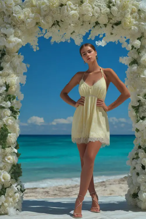 A confident woman in a light yellow sleeveless dress with lace detail and ankle-strap sandals, standing under a white floral arch beside the ocean
