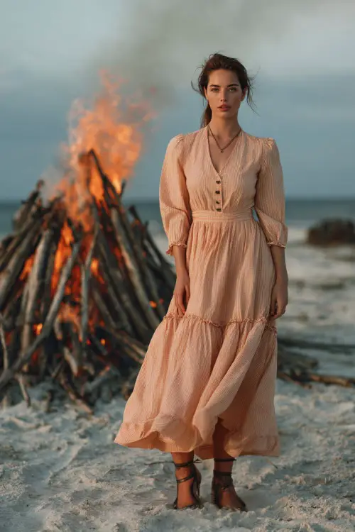 A confident woman in a pale peach midi dress with a loose fit and ruffle hem, posing near a beach bonfire setup after a seaside ceremony 
