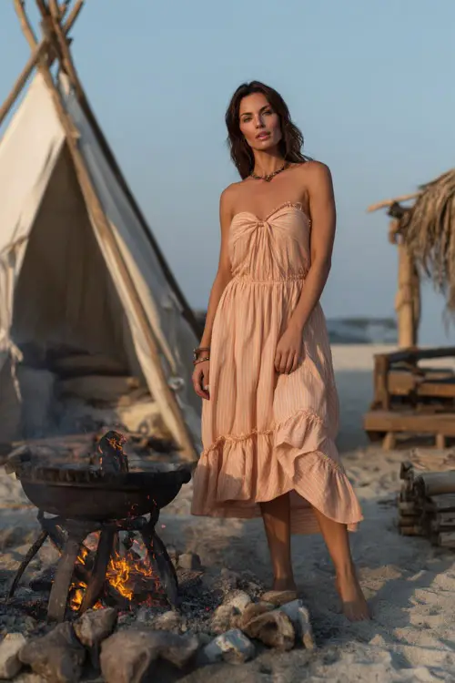 A confident woman in a pale peach midi dress with a loose fit and ruffle hem, posing near a beach bonfire setup after a seaside ceremony