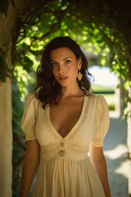 A confident woman in a soft cream sundress with subtle embroidery and statement earrings, walking through an archway of vines at a countryside venue