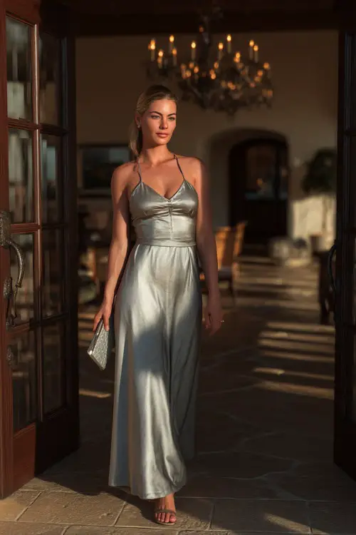 A confident woman in a soft silver A-line dress with beaded straps and clutch, walking through a candlelit entryway at a formal estate venue