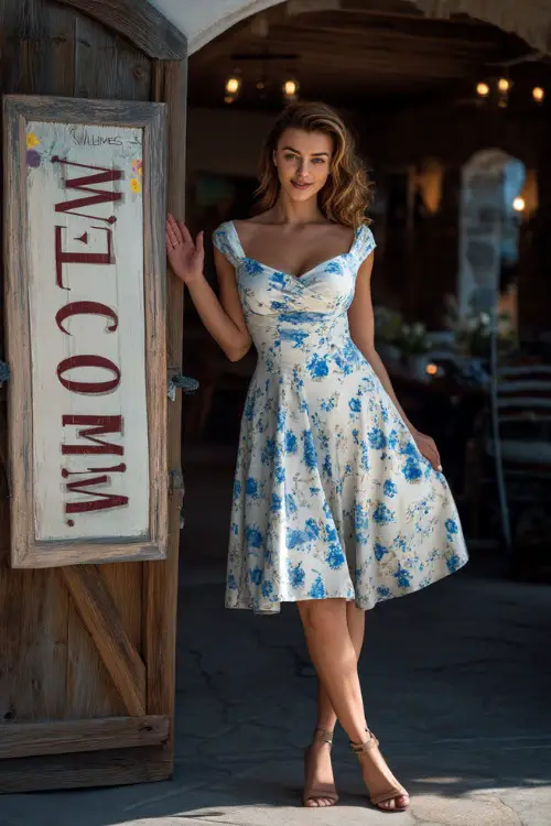 A confident woman in a white and blue floral tea-length dress with cap sleeves and ankle-strap sandals, standing near a rustic welcome sign at an outdoor venue