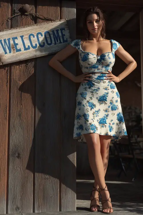 A confident woman in a white and blue floral tea-length dress with cap sleeves and ankle-strap sandals, standing near a rustic welcome sign at an outdoor venue