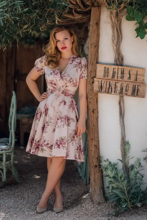 A curvy woman in a blush floral-print A-line dress with short sleeves and a flowy skirt, standing near a rustic wedding sign in a sunny garden venue 