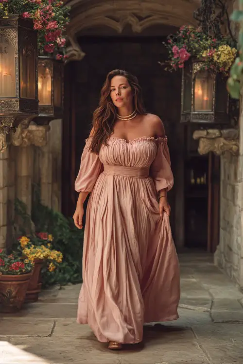 A curvy woman in a blush pink off-the-shoulder chiffon gown with pleats and a pearl necklace, walking through a stone courtyard decorated with lanterns and florals 