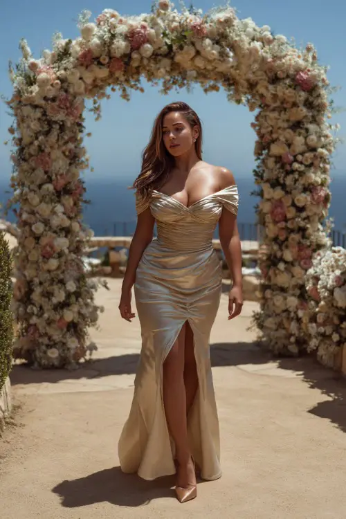 A curvy woman in a champagne-colored off-the-shoulder gown with a structured bodice and side slit, walking past a floral archway at a luxury coastal wedding