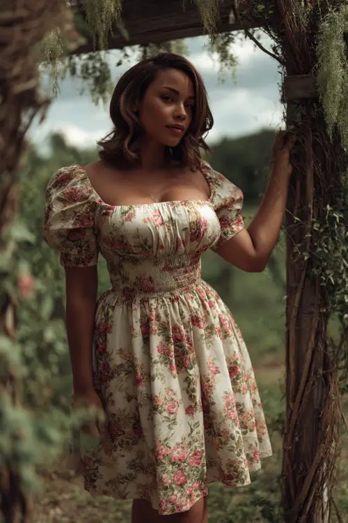 A curvy woman in a floral-print midi dress with short puff sleeves and a smocked waist, standing near a rustic garden wedding arch with hanging greenery