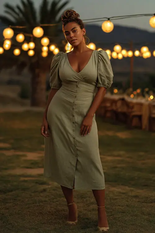 A curvy woman in a sage green midi-length dress with a V-neckline and button front, standing beneath string lights at a sunset wedding celebration