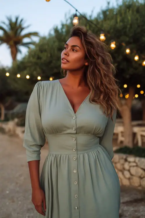 A curvy woman in a sage green midi-length dress with a V-neckline and button front, standing beneath string lights at a sunset wedding celebration 