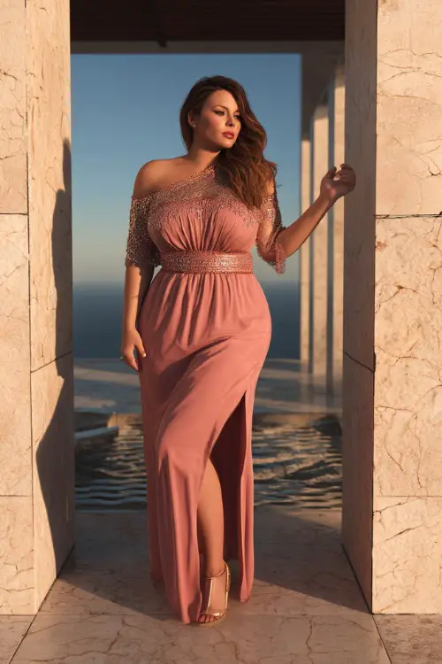 A fashionable plus-size woman in a dusty rose cold-shoulder gown with beaded detailing and heels, posing near a modern altar at sunset 