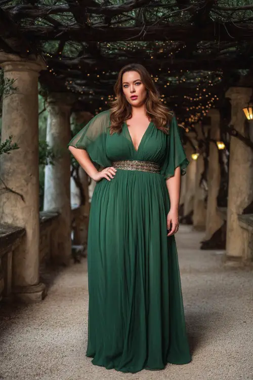 A fashionable plus-size woman in a forest green chiffon gown with flutter sleeves and beaded waistband, posing beneath a pergola decorated with soft lights