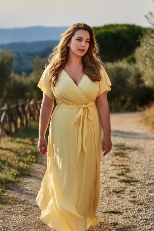 A fashionable plus-size woman in a light yellow maxi dress with short flutter sleeves and a cinched waist, walking along a gravel path at a countryside venue 
