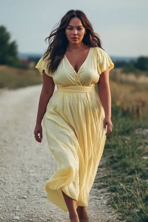 A fashionable plus-size woman in a light yellow maxi dress with short flutter sleeves and a cinched waist, walking along a gravel path at a countryside venue