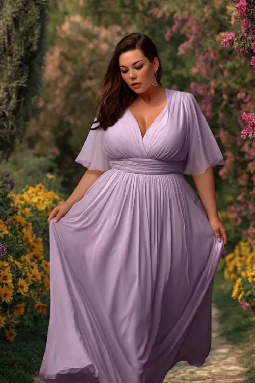 A fashionable plus-size woman in a soft lavender formal dress with flutter sleeves and a flowing skirt, walking along a flower-lined path at a summer sunset wedding