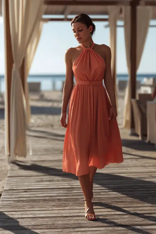 A fashionable woman in a coral sleeveless midi dress with a gently pleated skirt and strappy sandals, walking down a boardwalk toward a beachside ceremony
