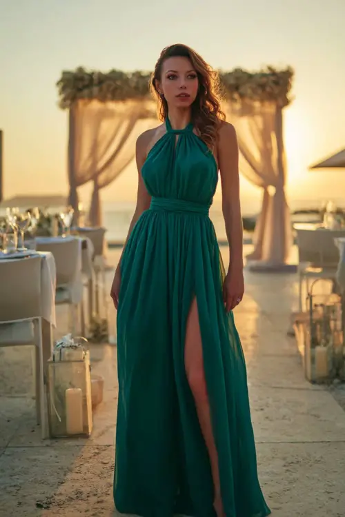 A fashionable woman in a floor-length emerald green chiffon dress with a halter neckline and a soft slit, posing beside an elegant ceremony setup at sunset 