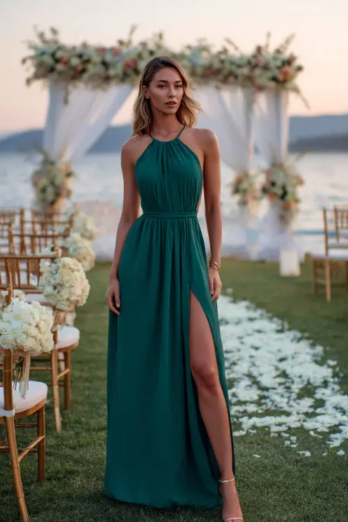 A fashionable woman in a floor-length emerald green chiffon dress with a halter neckline and a soft slit, posing beside an elegant ceremony setup at sunset