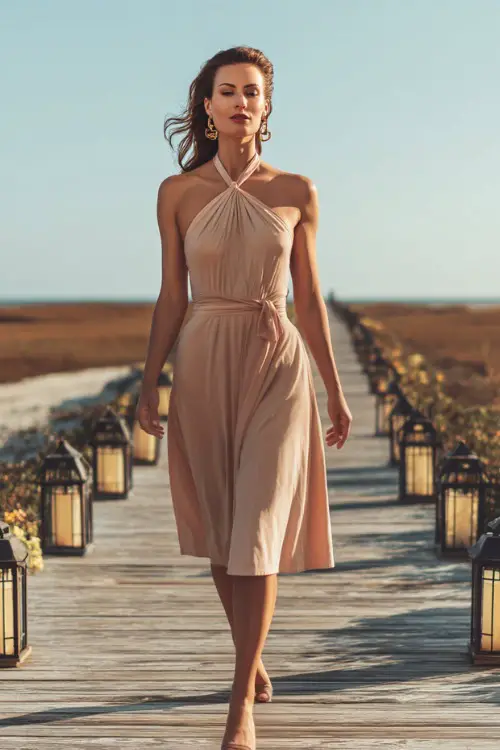 A fashionable woman in a light peach halter-neck midi dress with elegant earrings and low heels, walking down a wooden boardwalk lined with lanterns and florals 