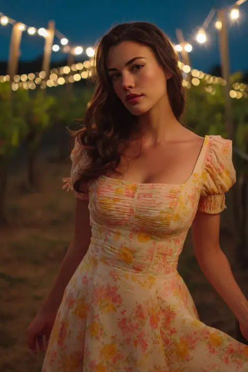 A fashionable woman in a light peach midi dress with yellow and coral floral prints and a square neckline, posing under string lights at a vineyard ceremony (2)
