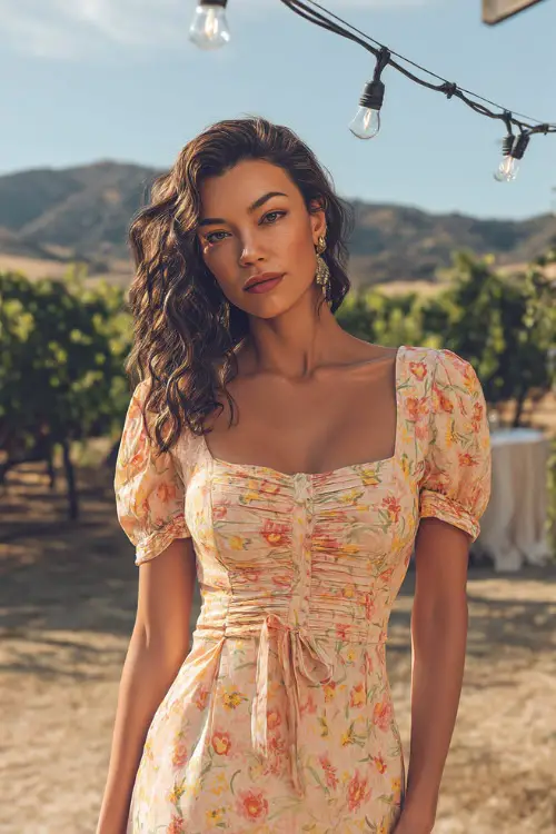 A fashionable woman in a light peach midi dress with yellow and coral floral prints and a square neckline, posing under string lights at a vineyard ceremony