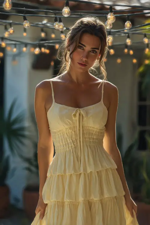 A fashionable woman in a light yellow midi dress with a tiered skirt and spaghetti straps, standing beneath string lights at a relaxed outdoor summer wedding