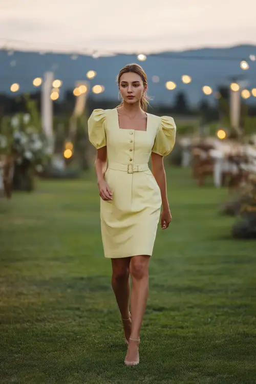 A fashionable woman in a pastel yellow dress with short puff sleeves and a structured waist, walking across a vineyard lawn surrounded by string lights and floral deco