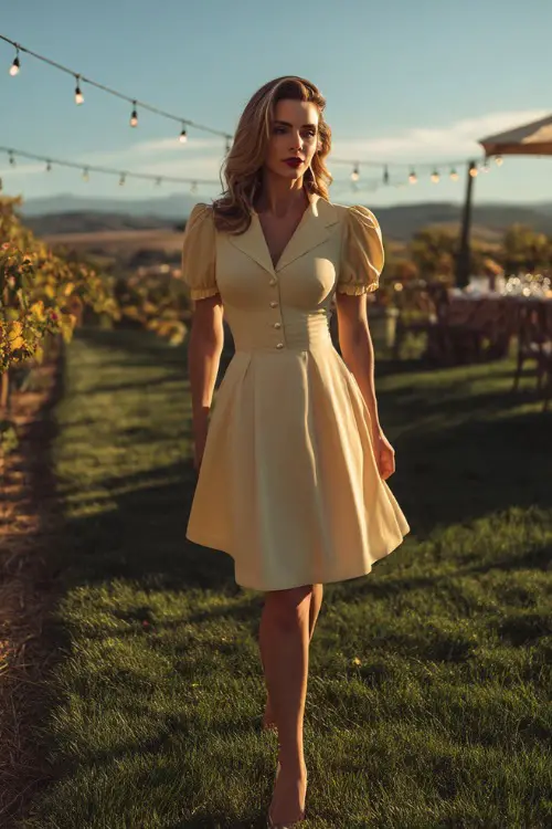 A fashionable woman in a pastel yellow dress with short puff sleeves and a structured waist, walking across a vineyard lawn surrounded by string lights and floral decor