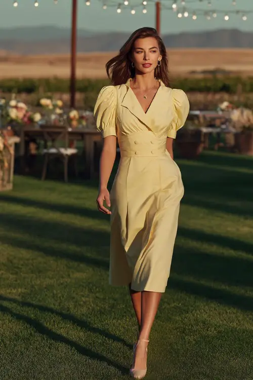 A fashionable woman in a pastel yellow dress with short puff sleeves and a structured waist, walking across a vineyard lawn surrounded by string lights and floral decor 