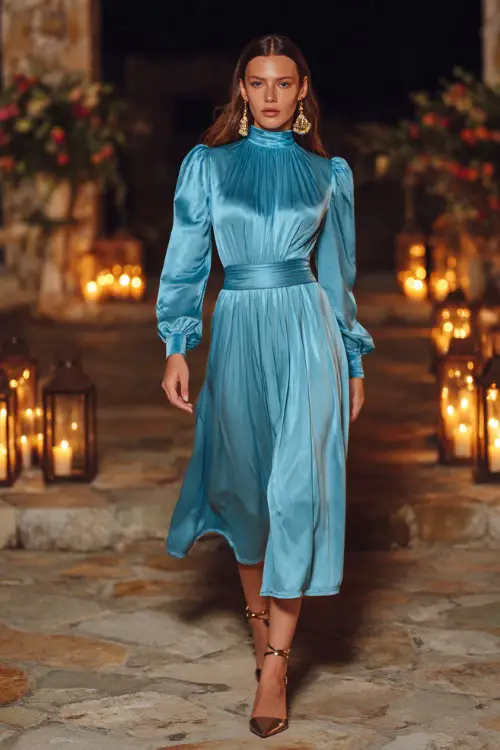 A fashionable woman in a powder blue high-neck satin dress with a pleated hem and statement earrings, walking through a candlelit outdoor venue with floral details 