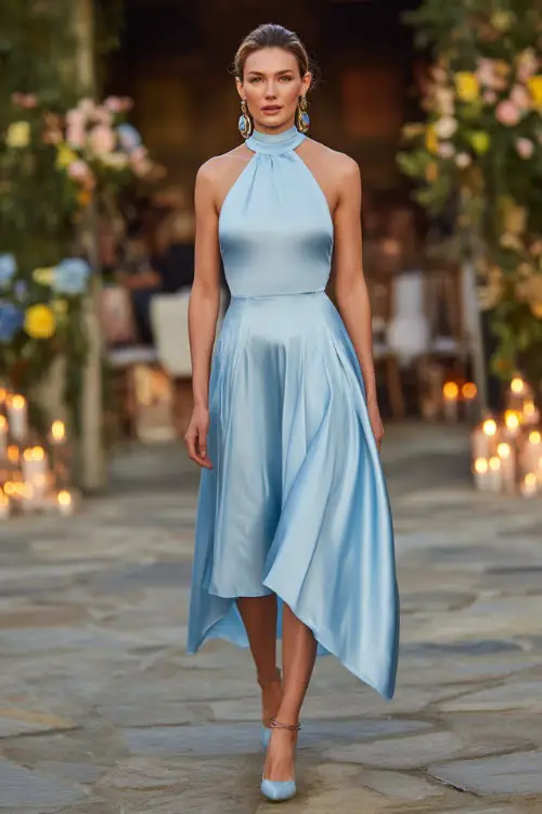 A fashionable woman in a powder blue high-neck satin dress with a pleated hem and statement earrings, walking through a candlelit outdoor venue with floral details 