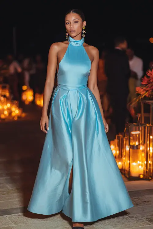A fashionable woman in a powder blue high-neck satin dress with a pleated hem and statement earrings, walking through a candlelit outdoor venue with floral details 