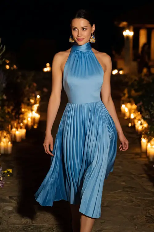 A fashionable woman in a powder blue high-neck satin dress with a pleated hem and statement earrings, walking through a candlelit outdoor venue with floral details
